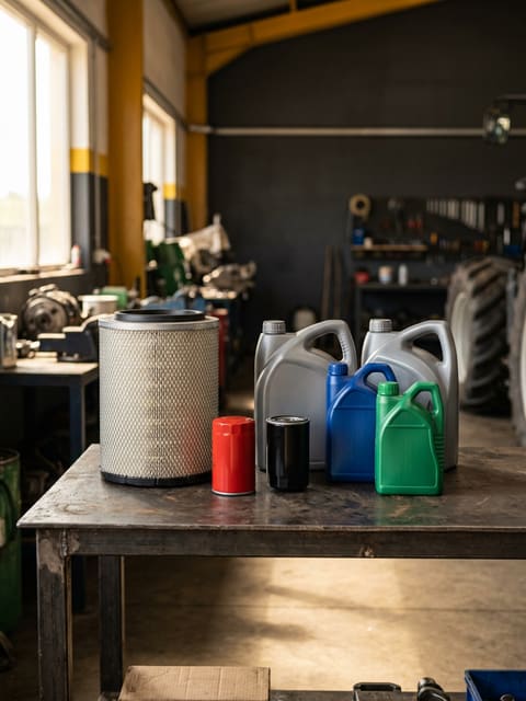 Filtros de aire, aceite y combustible junto a bidones de aceite sobre una mesa de taller