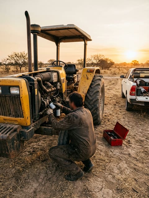Mecánico cambiando un filtro a un tractor amarillo en el campo, con la camioneta de service al lado