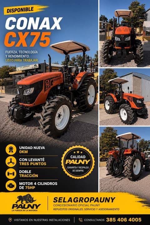 Tractor Conax CX75 0km naranja con techo