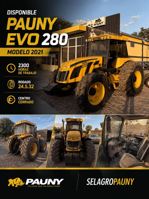 Tractor usado Pauny EVO 280 con cabina frente al local de Sel Agropauny