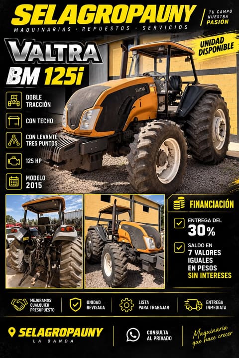 Tractor usado Valtra BM 125i con techo en el predio de Sel Agropauny